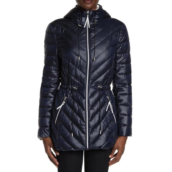 $200 FRENCH CONNECTION Packable Puffer Anorak HOOD Jacket COAT BLUE L - Picture 1 of 3